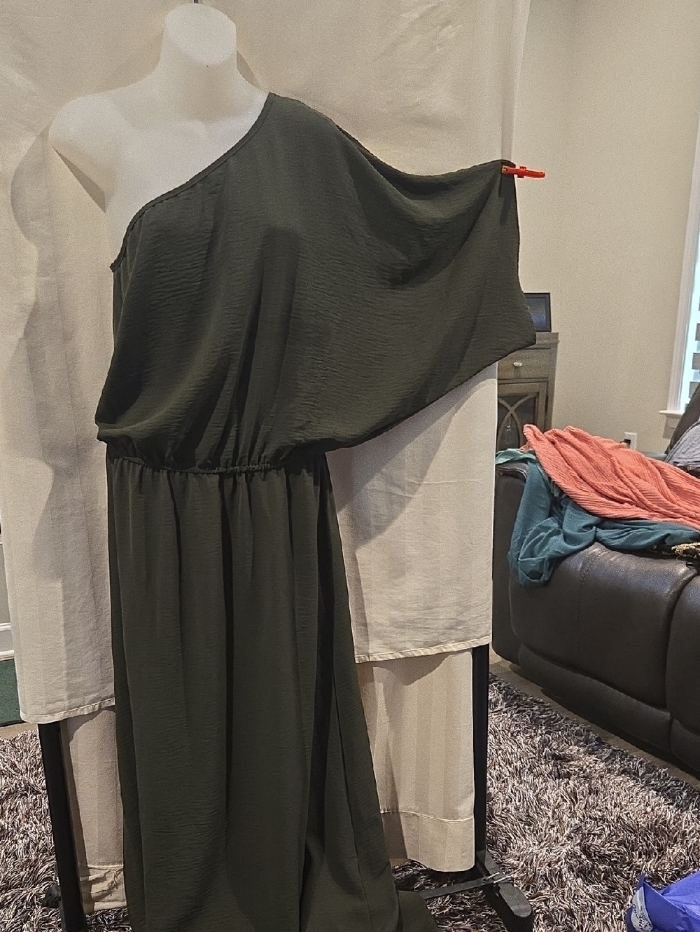 eesome Olive One-Shoulder Maxi Dress with Draped Sleeve